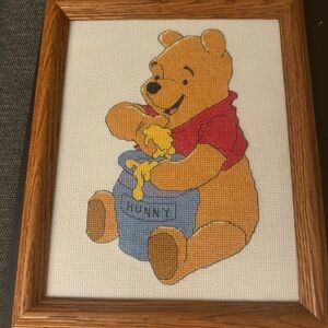 Vintage Winnie the Pooh Completed Cross Stitch Wood Frame Hunny Pot